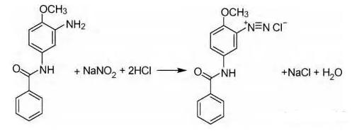 圖1紅色基的重氮化反應方程式 圖1紅色基的重氮化反應方程式