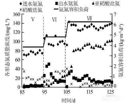 全程硝化逐漸向短程硝化轉變,亞硝化效能調控階段進出水氨氮、亞硝酸鹽氮、硝酸鹽氮及氨氮容積負荷變化情況 全程硝化逐漸向短程硝化轉變,亞硝化效能調控階段進出水氨氮、亞硝酸鹽氮、硝酸鹽氮及氨氮容積負荷變化情況