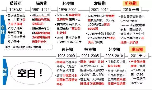 圖3.全球及我國(guó)生物芯片發(fā)展歷程 圖3.全球及我國(guó)生物芯片發(fā)展歷程