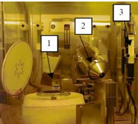 顯示晶片卡盤（1），帶噴頭（2）的旋轉臂和光刻膠注射泵（3）[2]的噴涂裝置的照片。
