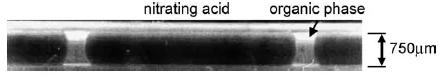 圖11. 在毛細管微反應器中帶有硝酸和有機相塞的液-液兩相活塞流 圖11. 在毛細管微反應器中帶有硝酸和有機相塞的液-液兩相活塞流