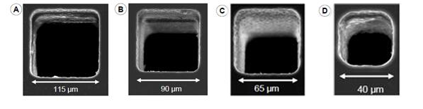 光敏玻璃不同尺寸的方孔加工結果 光敏玻璃不同尺寸的方孔加工結果